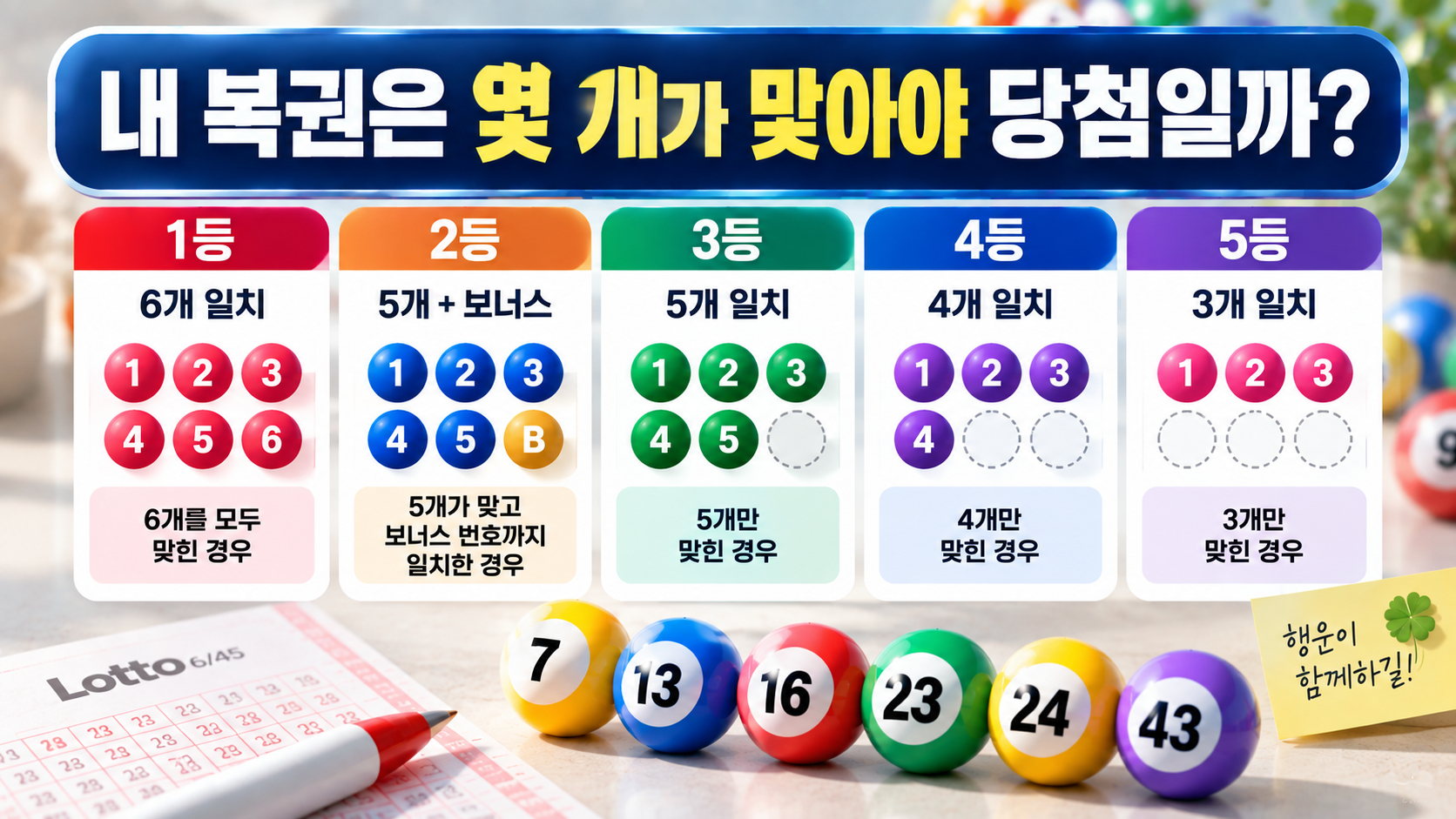 로또 1241회 당첨번호는 7·13·16·23·24·43 - 내 복권은 몇 개가 맞아야 당첨일까 핵심 내용을 정리한 정보형 이미지