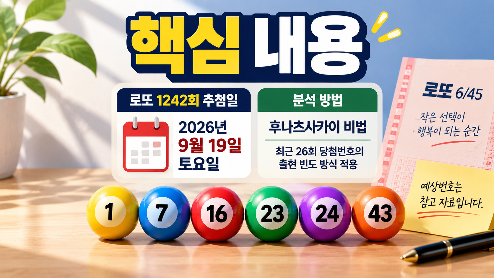 동행복권 로또 1242회 후나츠사카이 비법 예상번호# 동행복권 로또 1242회 후나츠사카이 비법 예상번호, 최근 26회로 다시 계산한 후보 - 핵심 내용 핵심 내용을 정리한 정보형 이미지