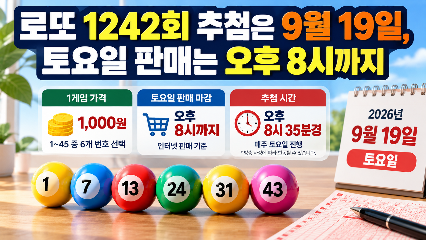 동행복권 로또 1242회 후나츠사카이 비법 예상번호# 동행복권 로또 1242회 후나츠사카이 비법 예상번호, 최근 26회로 다시 계산한 후보 - 로또 1242회 추첨은 9월 19일, 토요일 판매는 오후 8시까지 핵심 내용을 정리한 정보형 이미지