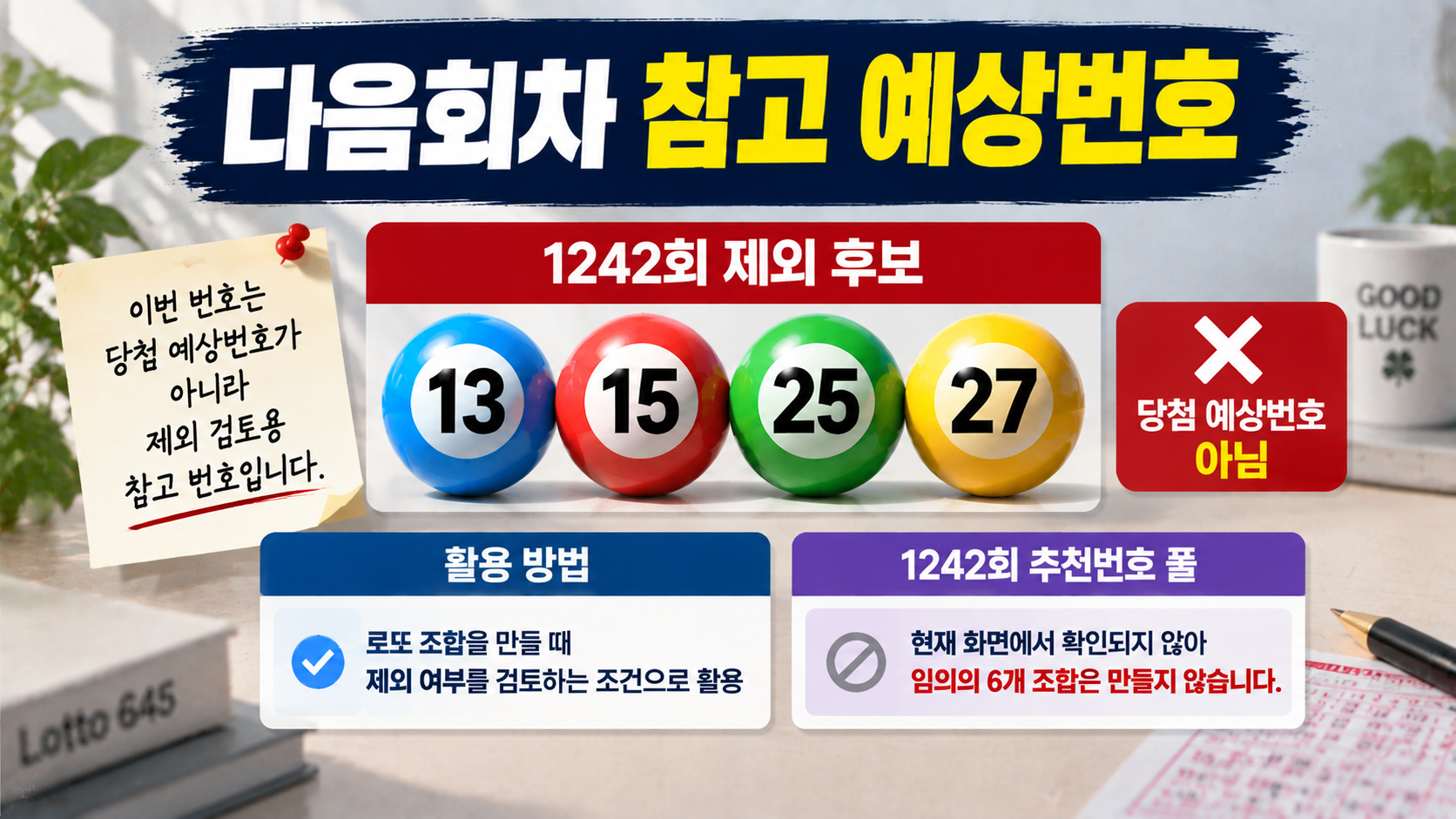 로또 1242회 주간 제외 예상수 4개, 13·15·25·27 과거 검증까지 확인 - 다음회차 참고 예상번호 핵심 내용을 정리한 정보형 이미지