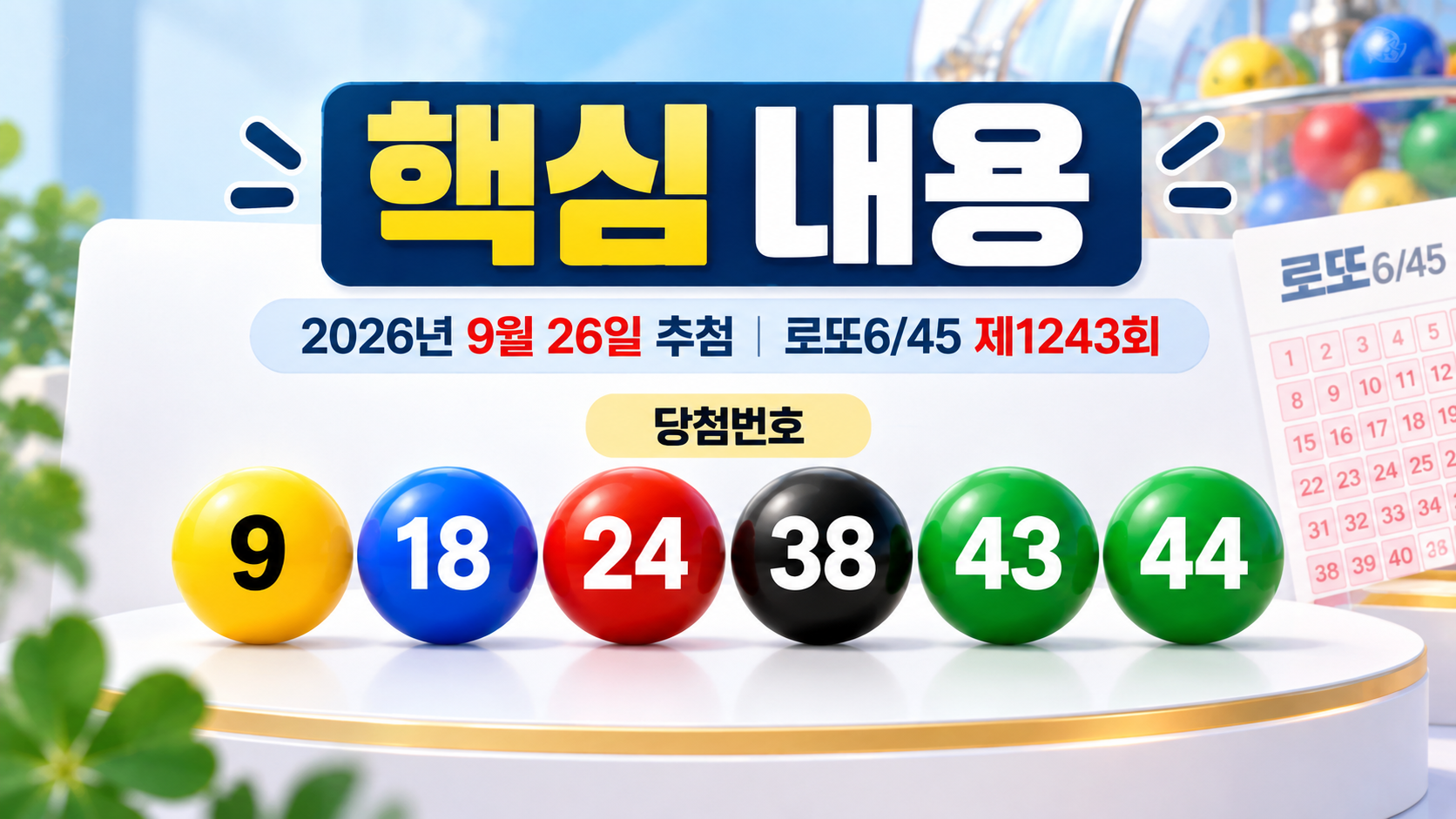 2026년 9월 26일 추첨된 로또6/45 제1243회 당첨번호는 **9, 18, 24, 38, 43, 44**입니다. - 핵심 내용 핵심 내용을 정리한 정보형 이미지