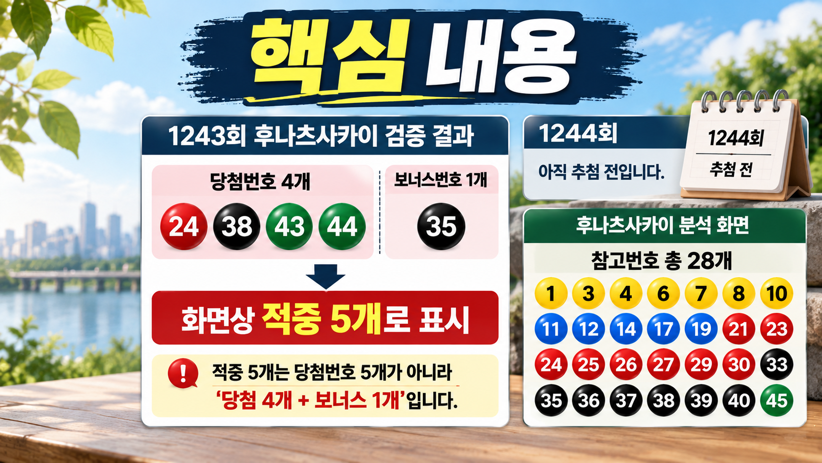 1243회 후나츠사카이 적중 5개는 어떻게 계산됐나 - 핵심 내용 핵심 내용을 정리한 정보형 이미지