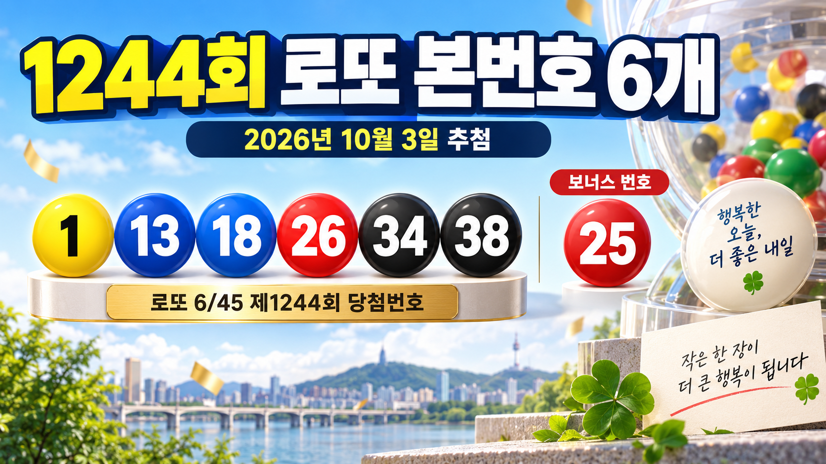 로또 6/45 1244회 당첨번호 확인, 본번호 1·13·18·26·34·38 보너스 25