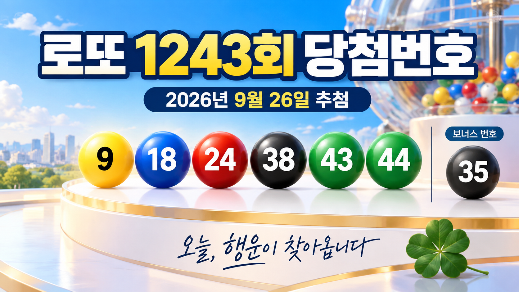 로또 1243회 본번호 9, 18, 24, 38, 43, 44와 보너스 번호 35